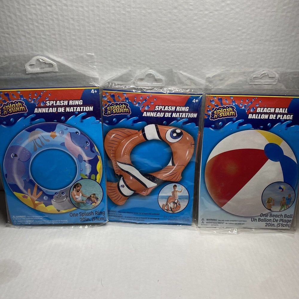 Splash-N-Swim - Beach Ball 20 in, Fish Splash Ring 22”, & Sea Life Ring 20” NEW